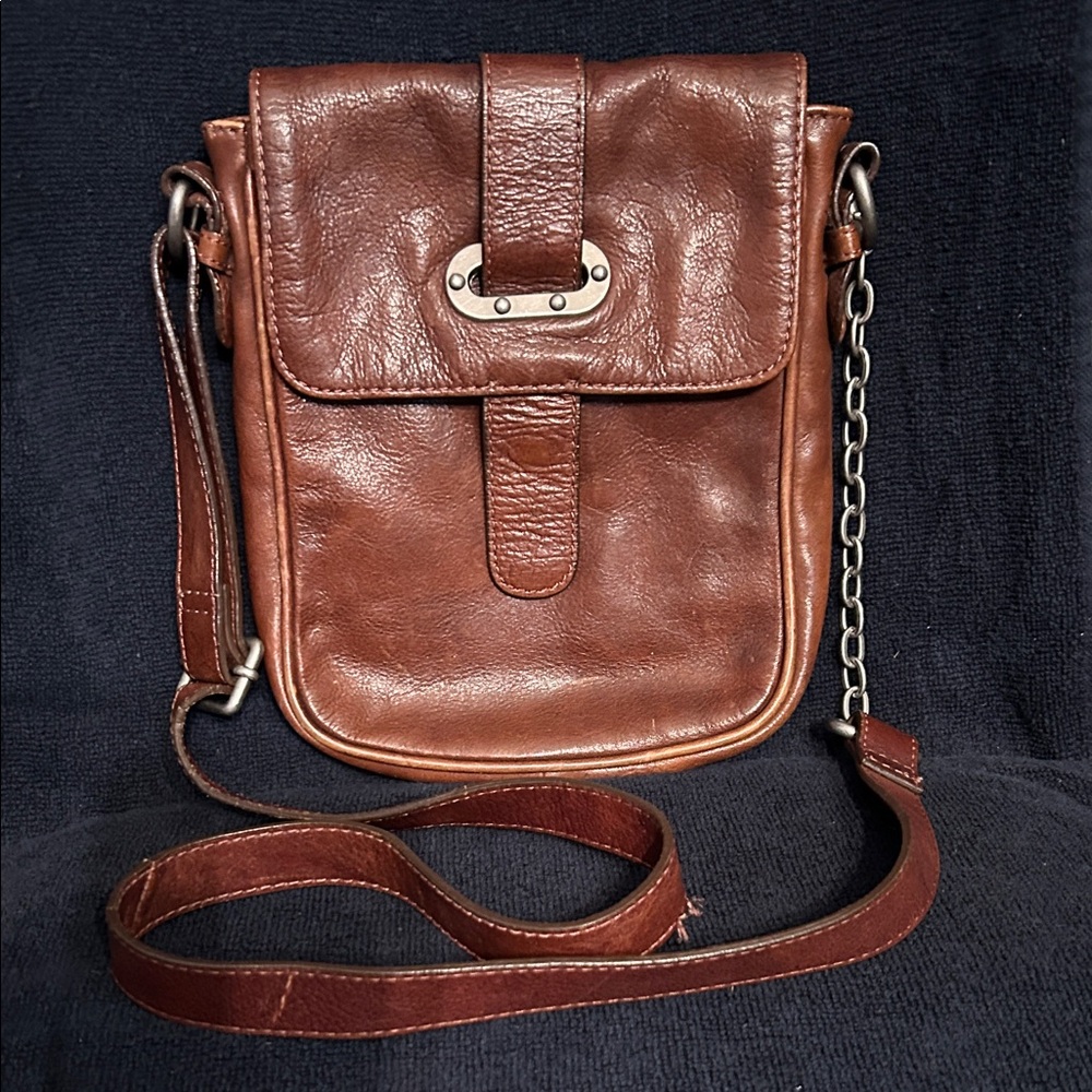 Tarnish Brown Leather Crossbody Bag with Leather & Chain Strap & Magnetic Snap
